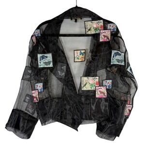 Heidi Daus Sheer Organza Jacket Patchwork Birds Butterflies Black Cropped Medium